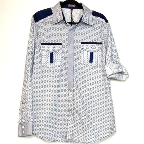 NWT TRUE ROCK Blue White Button Down Shirt Large - Picture 1 of 6